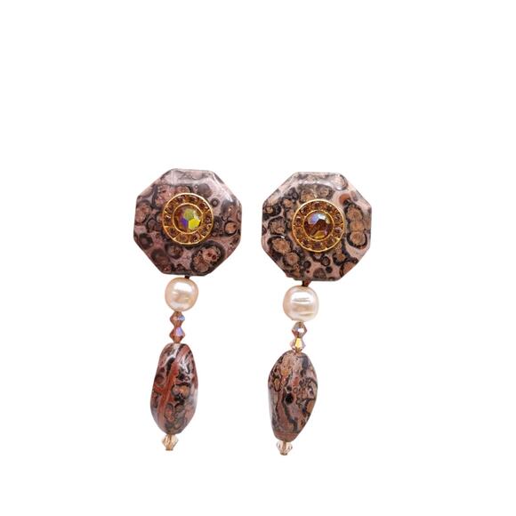 Earrings Clip On Leopard Skin Jasper Faux Pearl Dangle AB Crystal Rhinestones - Picture 1 of 4